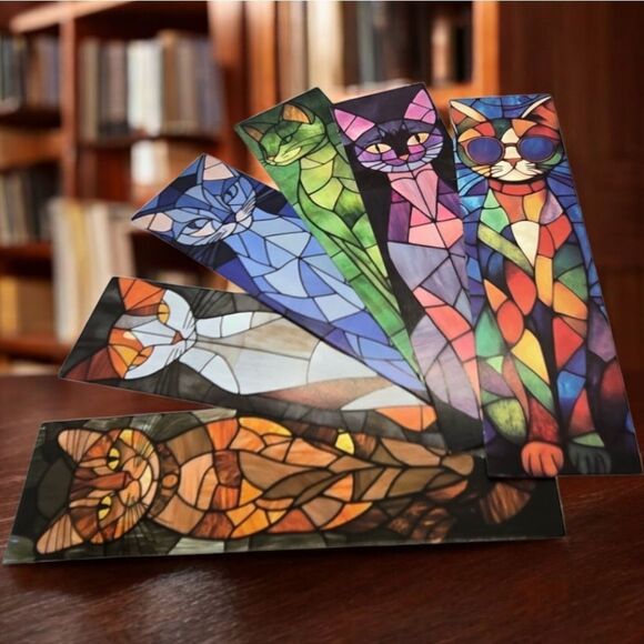 6pcs Stained Glass Cat Bookmarks Book Marker Clips Reading Cool Cat Sphynx Tabby - Picture 3 of 3